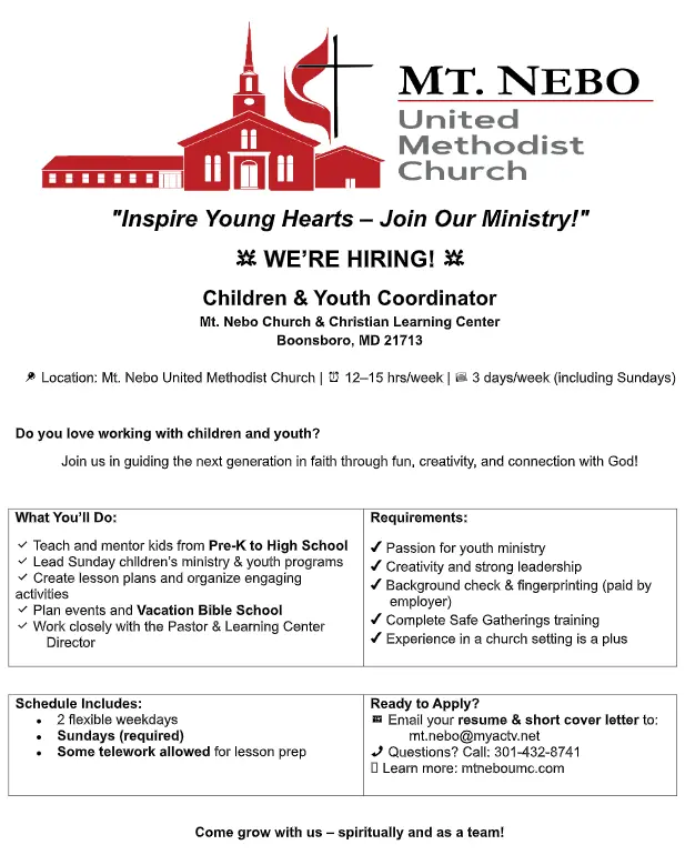 Flier to announce a position opening for a Children & Youth Coordinator