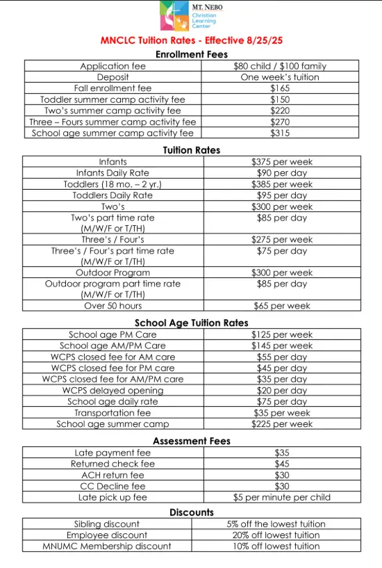 tuition rate sheet 2025 and 2026